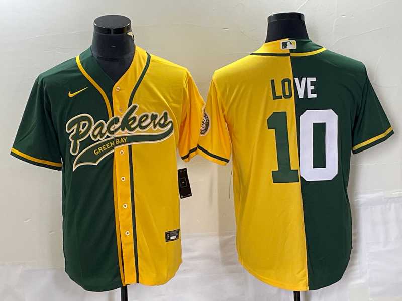Mens Green Bay Packers #10 Jordan Love Green Yellow Split With Patch Cool Base Stitched Baseball Jersey->green bay packers->NFL Jersey